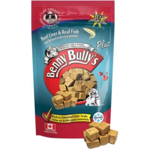 A bag of Benny Bully’s Plus cat treats, labeled beef liver and real fish flavor, showing cube-shaped treats. The packaging highlights essential fatty acids and 100% natural ingredients, with images of cats and a dog.