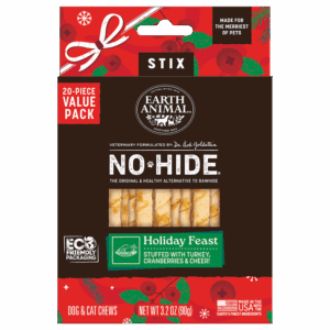 A package of Earth Animal NO-HIDE Stix Holiday Feast for dogs and cats, featuring 20 chews in a festive design. The chews are stuffed with turkey, cranberries, and cheese. Eco-friendly packaging, made in the USA.