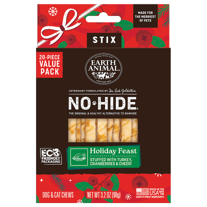 A package of Earth Animal NO-HIDE Stix Holiday Feast for dogs and cats, featuring 20 chews in a festive design. The chews are stuffed with turkey, cranberries, and cheese. Eco-friendly packaging, made in the USA.