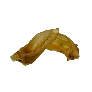 Two dried, light brown pig ears dog chews placed on a white background.