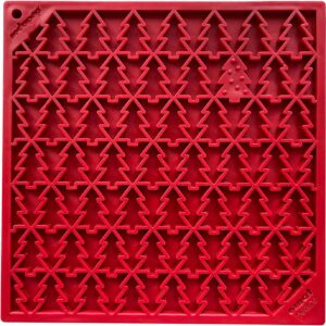 Red silicone baking mold with multiple tree-shaped cavities arranged in rows. Each cavity resembles a stylized Christmas tree, perfect for making themed treats.