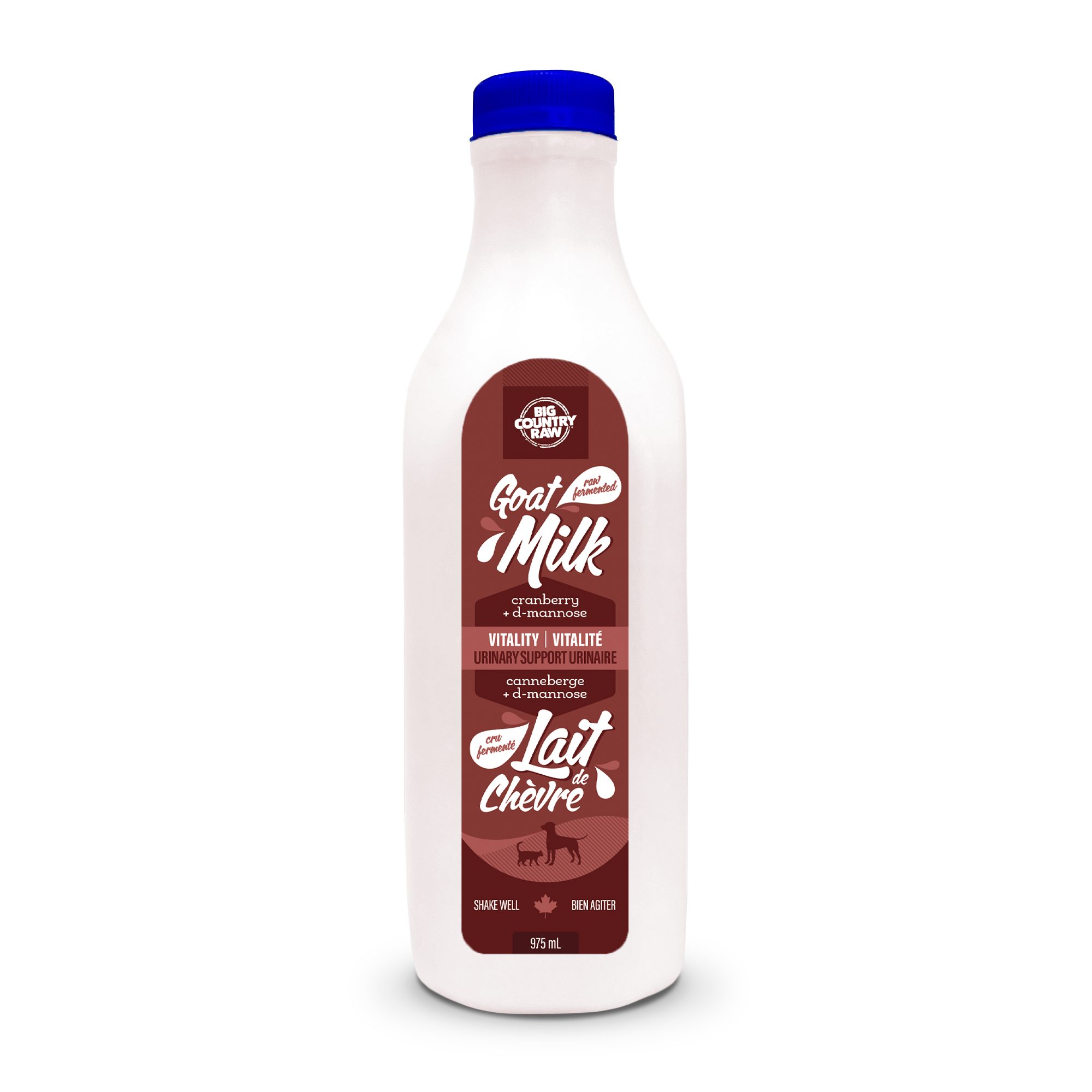 A plastic bottle of goat milk with a blue cap. The label is maroon and white, featuring text in English and French, and an image of a goat. The bottle is 975 mL, and the label highlights cranberry flavor and contains nutritional information.