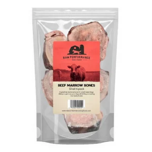 A clear resealable bag of Raw Performance Small Beef Marrow Bones 5 Pack with a red label displaying a cow graphic and product information—ideal for pet owners who value raw performance nutrition for their dogs.