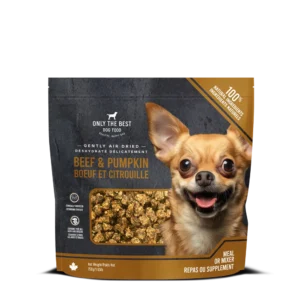 A bag of Only The Best Dog Food featuring beef and pumpkin flavor. The packaging shows food pieces and a happy Chihuahua, with text indicating it is a meal or mixer for dogs.