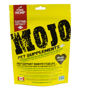 Yellow bag of MOJO Pet Supplements with bold black text, highlighting pure hemp and satva extract. The package promotes benefits for dogs and cats, contains beef liver, and displays Canadian flag and website at the bottom.