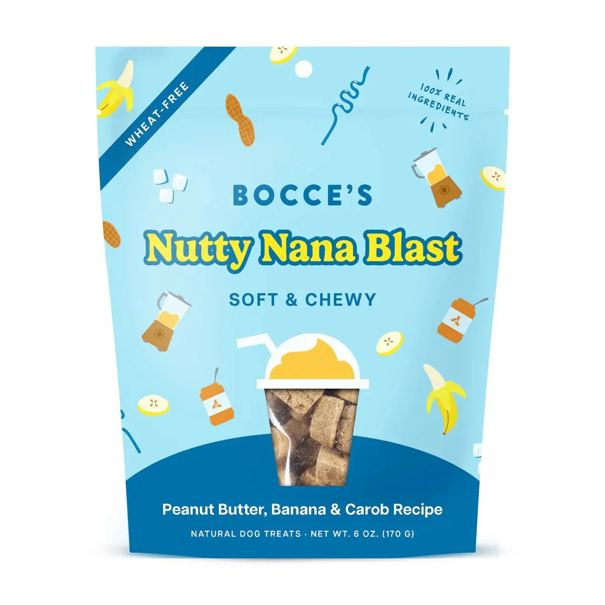 A blue package of Bocce's Nutty Nana Blast soft and chewy dog treats, featuring peanut butter, banana, and carob. The bag displays playful banana and treat illustrations and highlights "wheat-free" and "100% real ingredients.