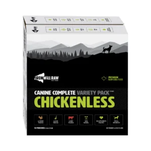 A 12 lb box of Iron Will Raw Canine Complete Chickenless Variety dog food features a mountain dog silhouette and highlights "100% natural" and "no supplements needed" on the packaging.