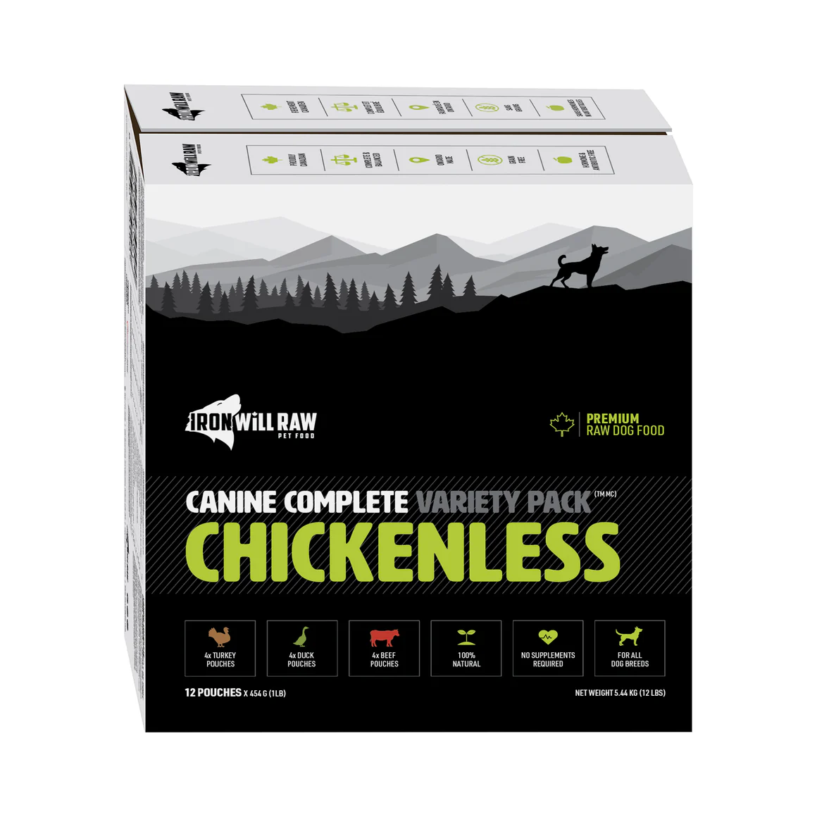 A 12 lb box of Iron Will Raw Canine Complete Chickenless Variety dog food features a mountain dog silhouette and highlights "100% natural" and "no supplements needed" on the packaging.