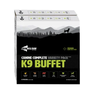 Iron Will Raw Canine Complete K9 Variety 12lbs is premium raw dog food packed in a box with a mountain landscape, dog silhouette, and icons showing 60% chicken, turkey & beef, 100% natural ingredients, and no additives.