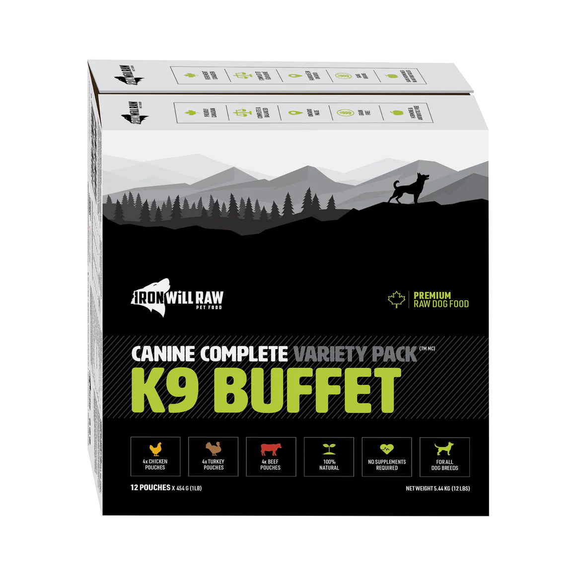 Iron Will Raw Canine Complete K9 Variety 12lbs is premium raw dog food packed in a box with a mountain landscape, dog silhouette, and icons showing 60% chicken, turkey & beef, 100% natural ingredients, and no additives.