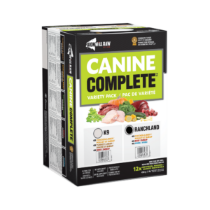 Iron Will Raw's "Canine Complete Ranchland" box contains a variety pack of raw dog food options, featuring flavors like chicken, beef, and turkey. The packaging includes 12 packs that list ingredients and complete nutrition details for dogs.