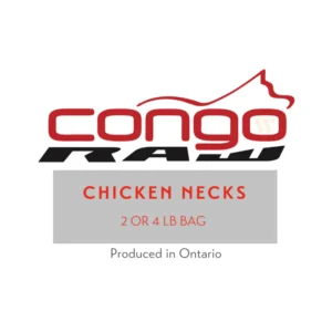 Logo for Congo Raw with a red outline of a cat and dog, "Congo Raw Chicken Neck 2 lbs" in a grey box, and "Produced in Ontario" below.