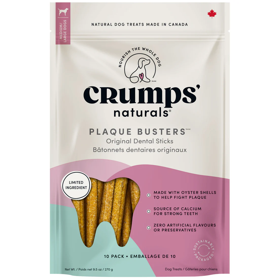 A package of Crumps’ Naturals Plaque Busters Original Dental Sticks for dogs, featuring product benefits like oyster shells for dental health, no artificial flavors or preservatives, and a resealable bag displaying the treats inside.