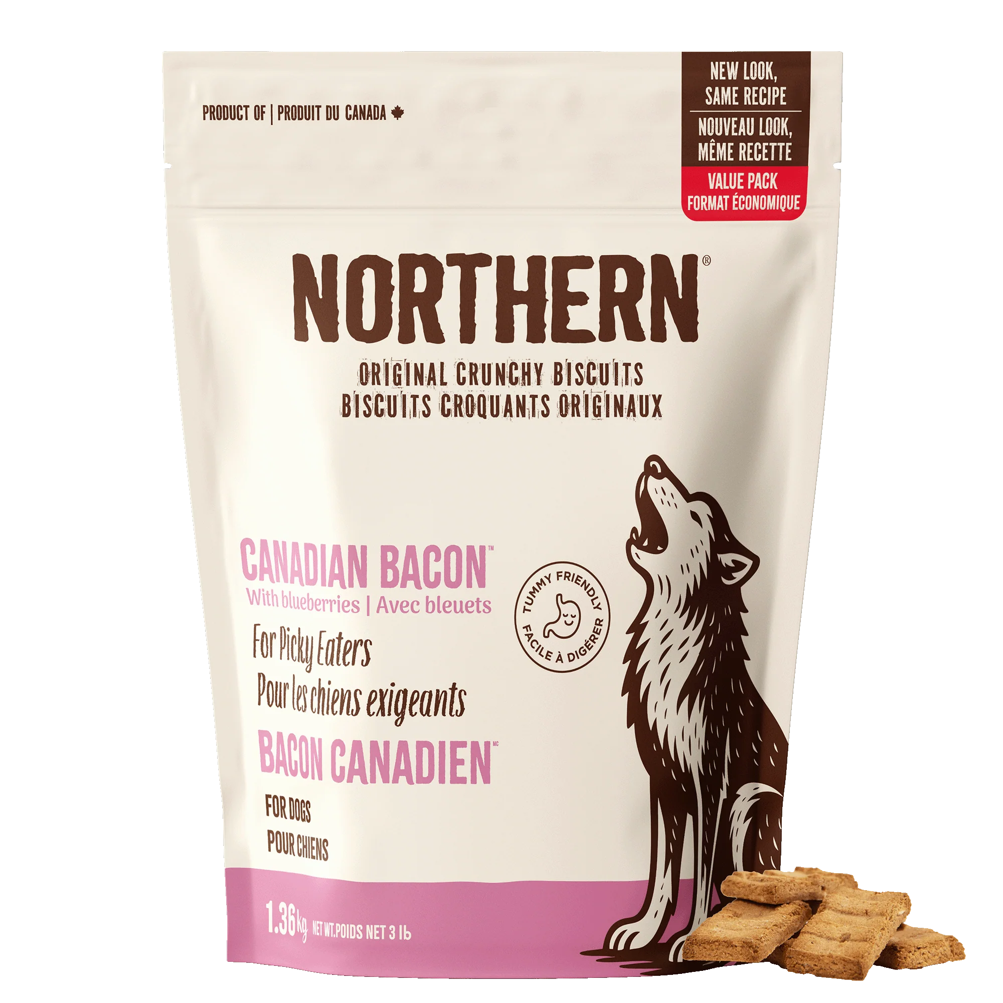 A bag of Northern Biscuits Canadian Bacon with Blueberries 1.36 kg for dogs, featuring a howling wolf illustration, with three square biscuits placed beside the bag.
