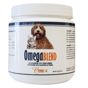 A white container of OmegaBLEND 3-6-9 Essential Fatty Acids Powder for pets, featuring an image of a dog and a cat on the label. The container has product details and branding on it.