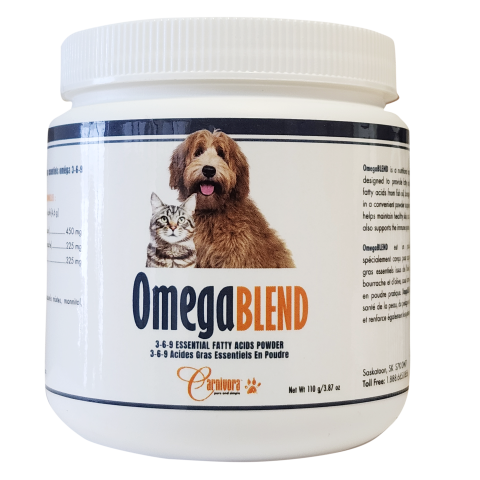 A white container of OmegaBLEND 3-6-9 Essential Fatty Acids Powder for pets, featuring an image of a dog and a cat on the label. The container has product details and branding on it.