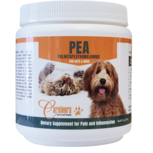 A white container labeled “PEA Palmitoylethanolamide for Cats & Dogs,” featuring images of a cat and a dog. The label also reads “Dietary Supplement for Pain and Inflammation.”.