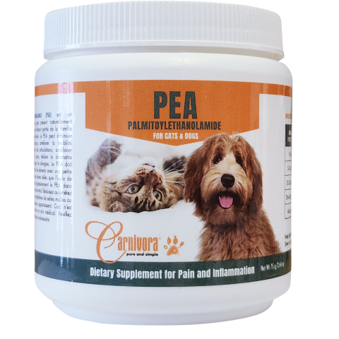 A white container labeled “PEA Palmitoylethanolamide for Cats & Dogs,” featuring images of a cat and a dog. The label also reads “Dietary Supplement for Pain and Inflammation.”.