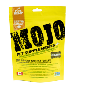 A yellow bag of Mojo Pet Supplements for dogs and cats, with chicken flavor, featuring hemp and sativa extract. The packaging highlights natural nutrition and is decorated with bold black text.