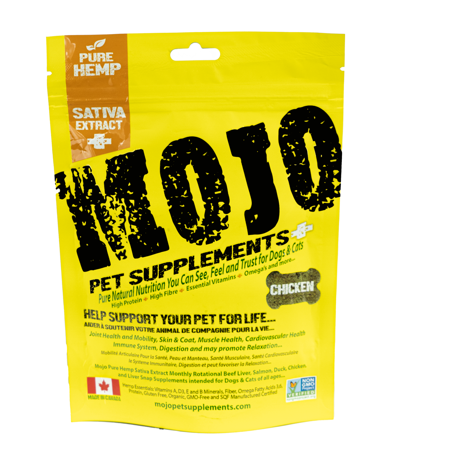 A yellow bag of Mojo Pet Supplements for dogs and cats, with chicken flavor, featuring hemp and sativa extract. The packaging highlights natural nutrition and is decorated with bold black text.