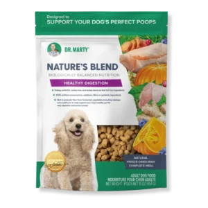 Bag of Dr. Marty’s Nature’s Blend freeze-dried raw dog food featuring a photo of a small dog and illustrations of turkey, pumpkin, blueberries, and cauliflower.