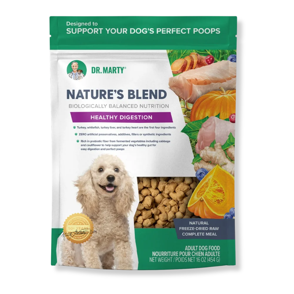 Bag of Dr. Marty’s Nature’s Blend freeze-dried raw dog food featuring a photo of a small dog and illustrations of turkey, pumpkin, blueberries, and cauliflower.