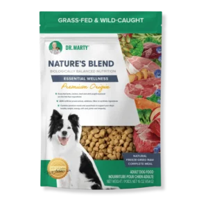 Bag of Dr. Marty’s Nature’s Blend freeze-dried raw dog food featuring a photo of a dog and fresh ingredients like meat, berries, and vegetables.