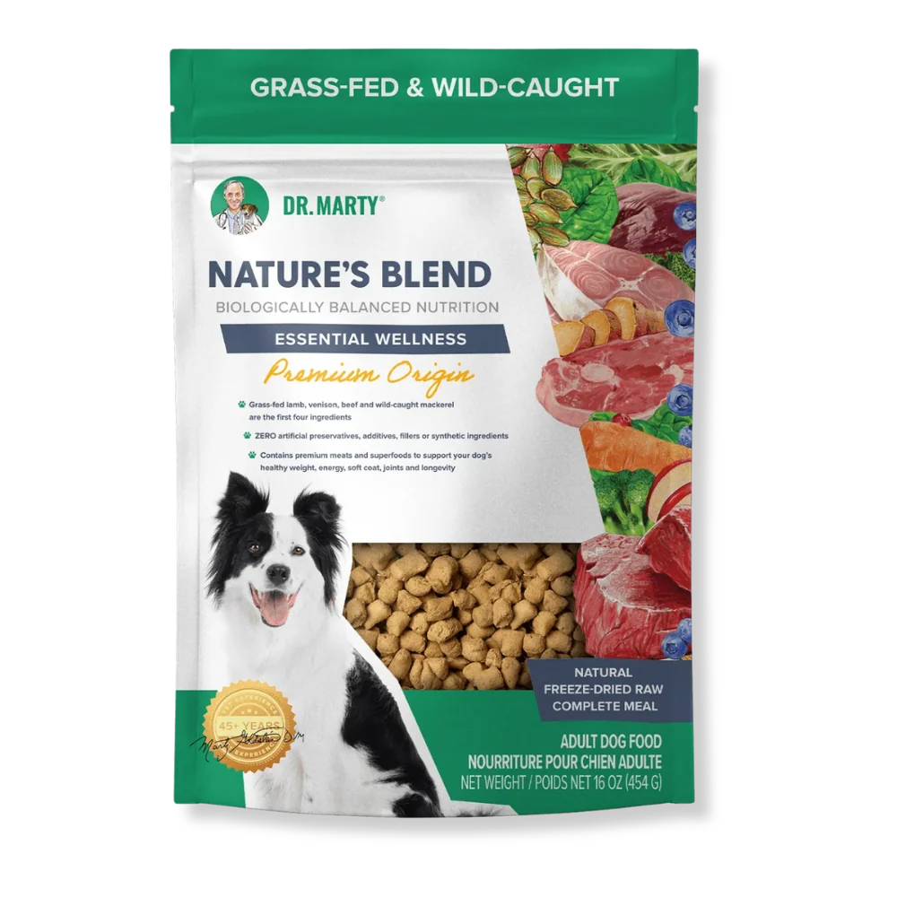 Bag of Dr. Marty’s Nature’s Blend freeze-dried raw dog food featuring a photo of a dog and fresh ingredients like meat, berries, and vegetables.
