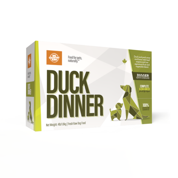 A box of Big Country Raw Duck Dinner 4x1lb, featuring green and white packaging with origami-style dog and duck illustrations and bold text.