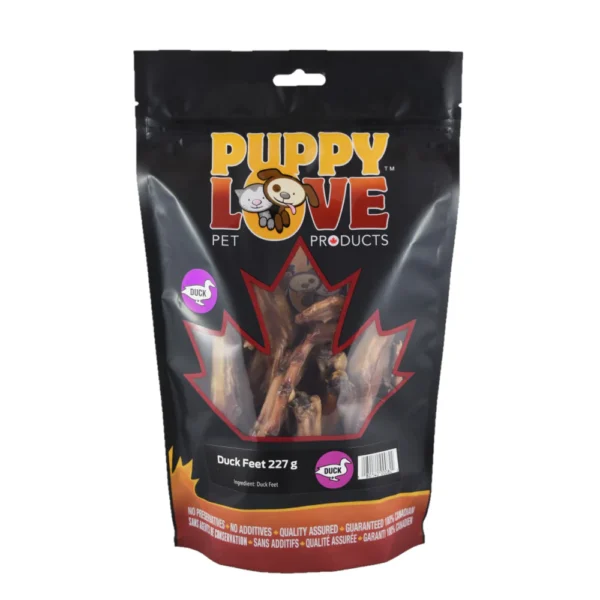 A black and red package of Puppy Love Pet Products containing 227 grams of duck feet. The packaging features a cartoon dog and cat, a maple leaf design, and text claiming quality assurance with no additives.