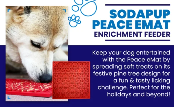 A dog licks a festive eMat featuring small treats. The text reads: "Sodapup Tree Design eMat Enrichment Lick Mat. Keep your dog entertained by spreading soft treats on its holiday-inspired pine tree pattern for a fun and tasty licking challenge, perfect for the holidays and beyond!