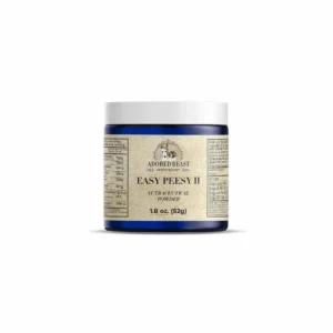 A blue jar labeled "Adored Beast Apothecary Easy Peesy II Nutraceutical Powder, 1.8 oz (52g)" with nutritional information printed on the sides, shown against a white background.