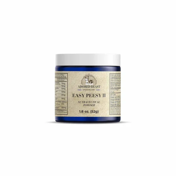 A blue jar labeled "Adored Beast Apothecary Easy Peesy II Nutraceutical Powder, 1.8 oz (52g)" with nutritional information printed on the sides, shown against a white background.