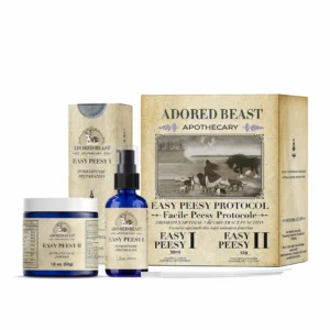 Adored Beast Apothecary Easy Peesy Protocol set, including a brown box, a blue spray bottle, and a small white jar, all labeled with product information and vintage-style designs.