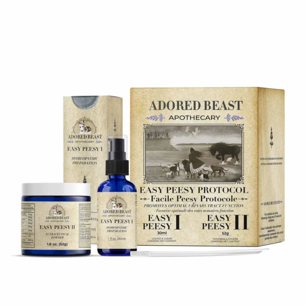 Adored Beast Apothecary Easy Peesy Protocol set, including a brown box, a blue spray bottle, and a small white jar, all labeled with product information and vintage-style designs.