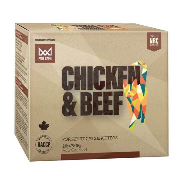 A cardboard box of Fare Game Chicken & Beef raw cat food for adult cats and kittens, featuring geometric animal graphics and product information on the front.