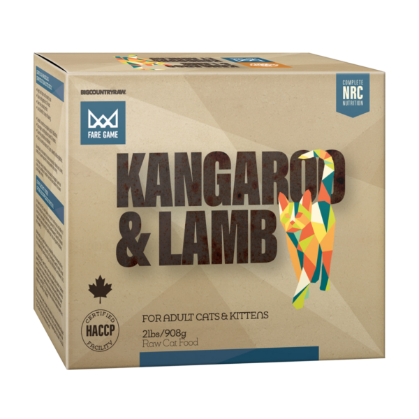 The product is a 2lbs/908g rectangular box of "Fare Game Kangaroo & Lamb" raw cat food featuring beige packaging with multicolored text and silhouettes of a kangaroo and lamb, suitable for adult cats and kittens.