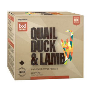 A colorful cardboard box labeled "Big Country Raw Fare Game Duck & Quail" features a geometric cat silhouette. Weighing 2lbs/908g, it's suitable for both adult cats and kittens.