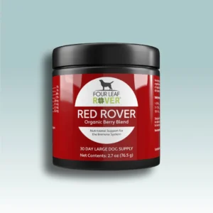 A jar of Four Leaf Rover Red Rover Organic Berry Blend for dogs, labeled as a 30-day large dog supply with 2.7 ounces (76.5 grams), promoting nutritional support for the immune system.