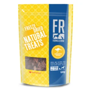 A yellow and blue pouch labeled "Freeze Dried Natural Treats" from Formula Raw, with kangaroo strips for dogs and cats. The package is 100g and shows it is grain and gluten free.