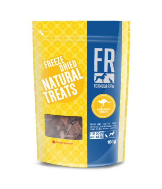 A yellow and blue pouch labeled "Freeze Dried Natural Treats" from Formula Raw, with kangaroo strips for dogs and cats. The package is 100g and shows it is grain and gluten free.