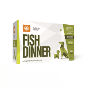 A 4x1lb box of Big Country Raw Fish Dinner, featuring geometric dog and fish illustrations. The packaging highlights its complete and balanced recipe.
