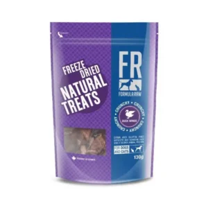 A purple pouch of Formula Raw Freeze Dried Natural Treats for dogs and cats, featuring a transparent window showing treats inside and labeled “Crunchy Duck Wings,” 130g.