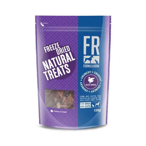 A purple pouch of Formula Raw Freeze Dried Natural Treats for dogs and cats, featuring a transparent window showing treats inside and labeled “Crunchy Duck Wings,” 130g.
