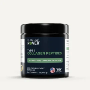 A black jar labeled "Four Leaf Rover Type II Collagen Peptides with Natural Chondroitin Sulfate" for dogs, with a green and white label. The jar shows it is a health supplement, made in the USA, net weight 3 oz (84.9g).