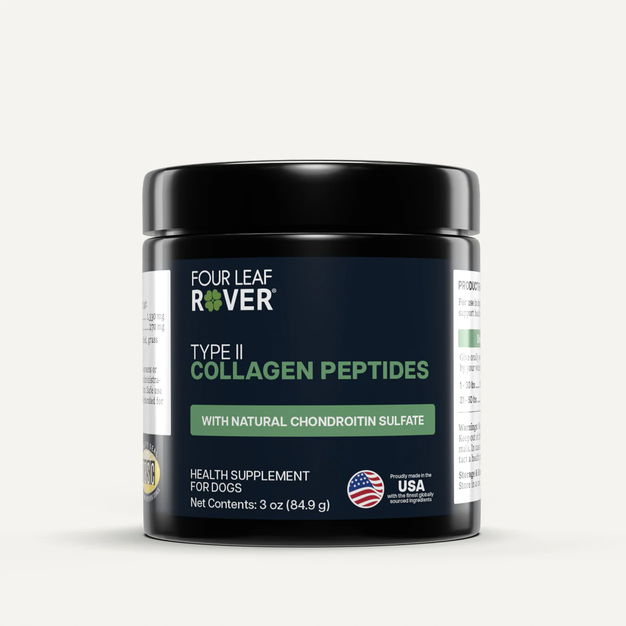 A black jar labeled "Four Leaf Rover Type II Collagen Peptides with Natural Chondroitin Sulfate" for dogs, with a green and white label. The jar shows it is a health supplement, made in the USA, net weight 3 oz (84.9g).