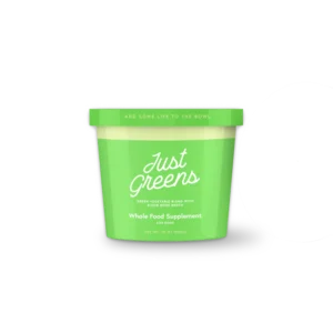 A 425g green tub labeled "Green Juju Dog Frozen Blend - Just Greens," described as a whole food supplement for dogs with a green vegetable blend and bone broth, displaying the slogan "Add Some Life to the Bowl" at the top.