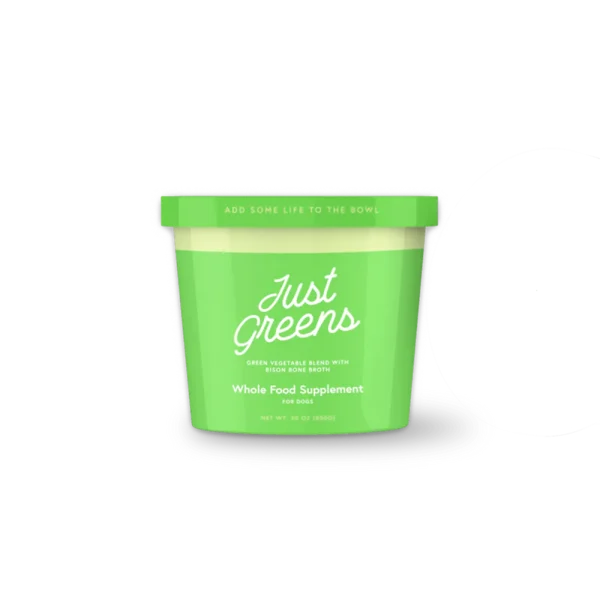 A 425g green tub labeled "Green Juju Dog Frozen Blend - Just Greens," described as a whole food supplement for dogs with a green vegetable blend and bone broth, displaying the slogan "Add Some Life to the Bowl" at the top.