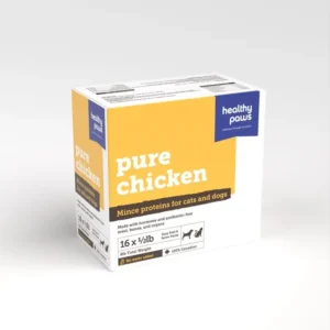 Box of Healthy Paws pure chicken mince for cats and dogs, containing 16 half-pound easy-peel packs.