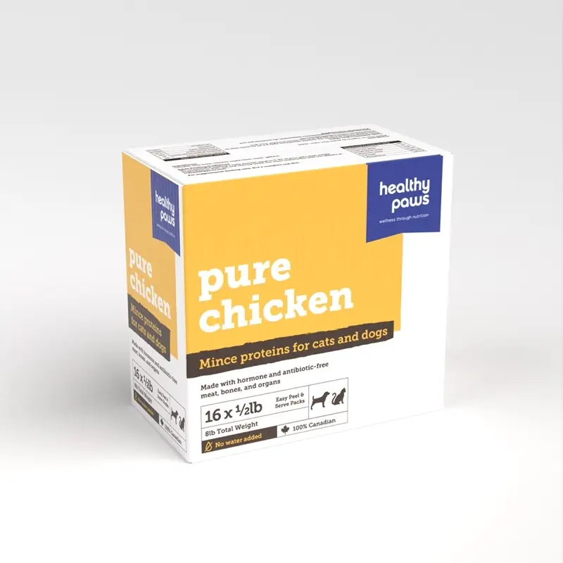 Box of Healthy Paws pure chicken mince for cats and dogs, containing 16 half-pound easy-peel packs.